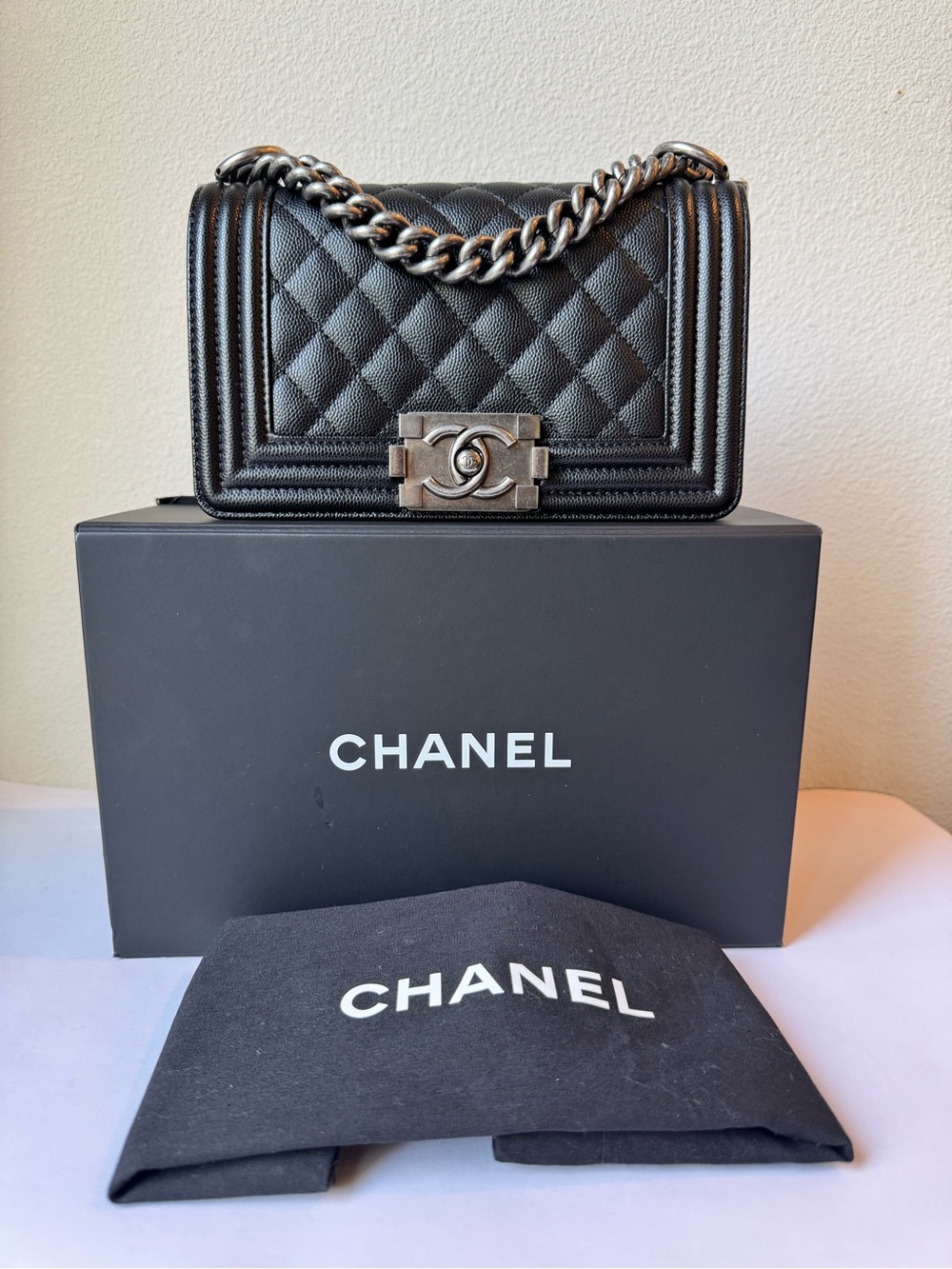 CHANEL Quilted Leather Boy Bag in Black Small
